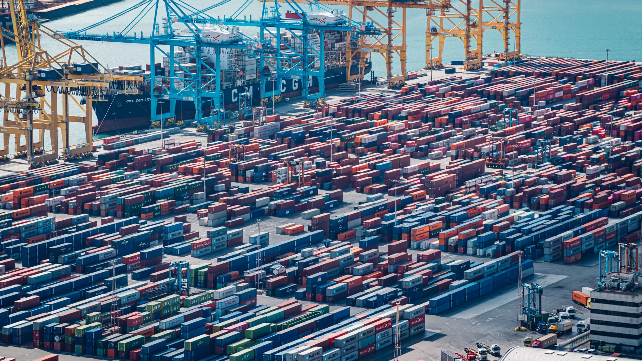 Aerial drone shot of shipping containers