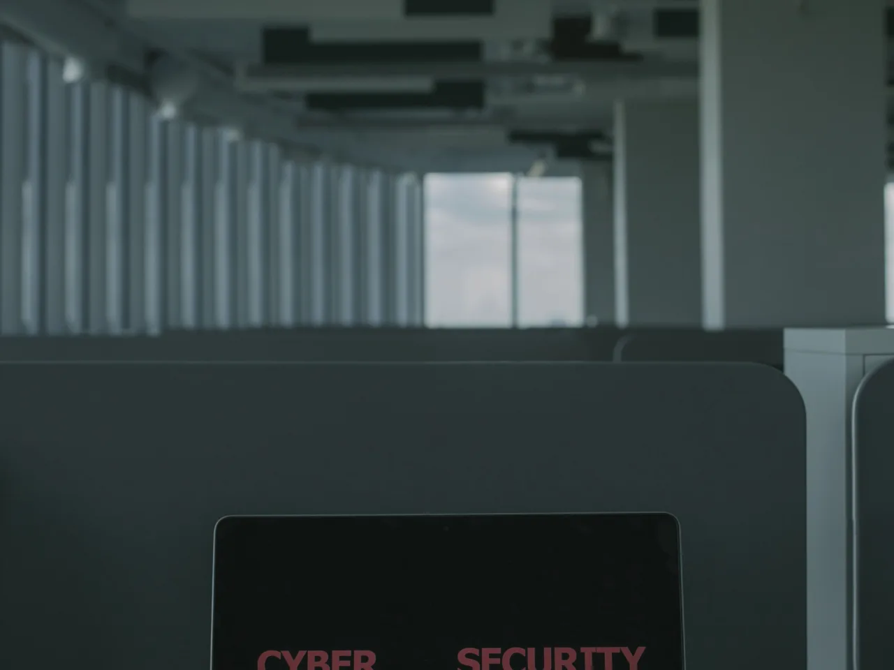 Laptop showing Cyber Security, modern office